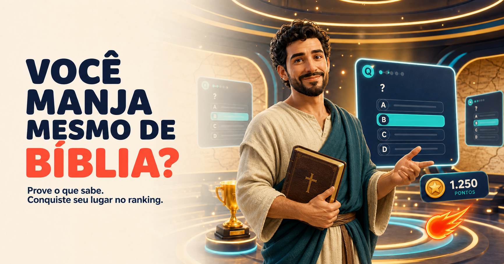 Paulo com roupas de época e uma Bíblia em uma arena moderna de conhecimento bíblico
